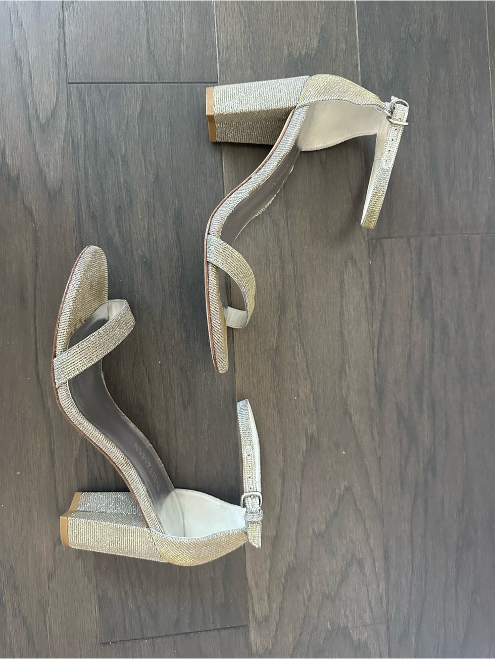 Stuart Weitzman Silver Glitter Block Heel Sandals